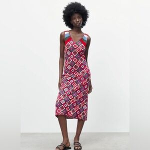NWT Zara Multicolor Grandma squares Crochet Geometric Knit Dress size med medium